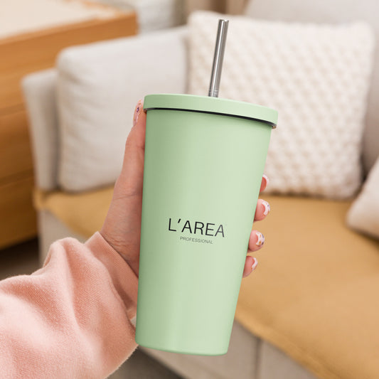 Insulated tumbler with a straw and logo L'AREA