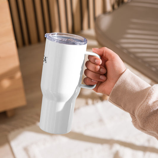 Travel mug with a handle and logo L'AREA