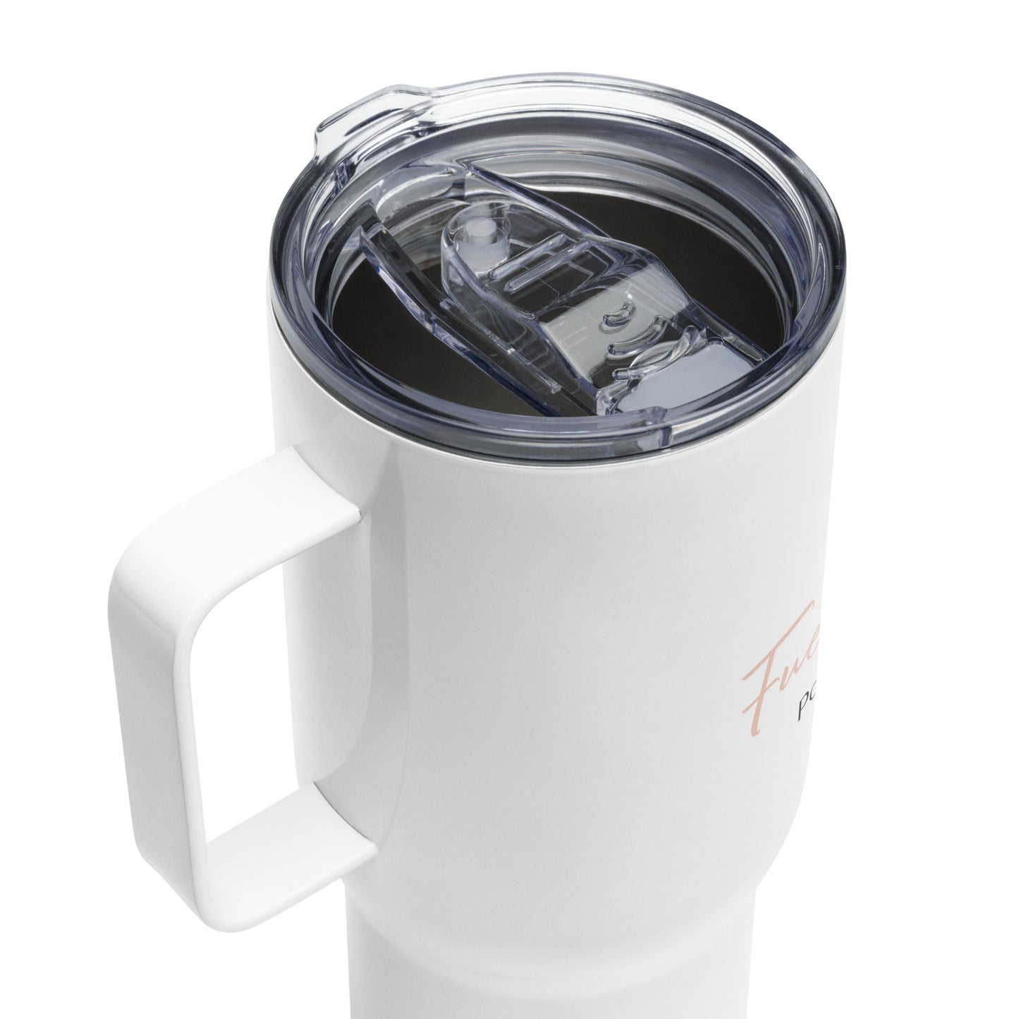 Travel mug with a handle with sign "Fueled with Coffee, Powered by Precision."