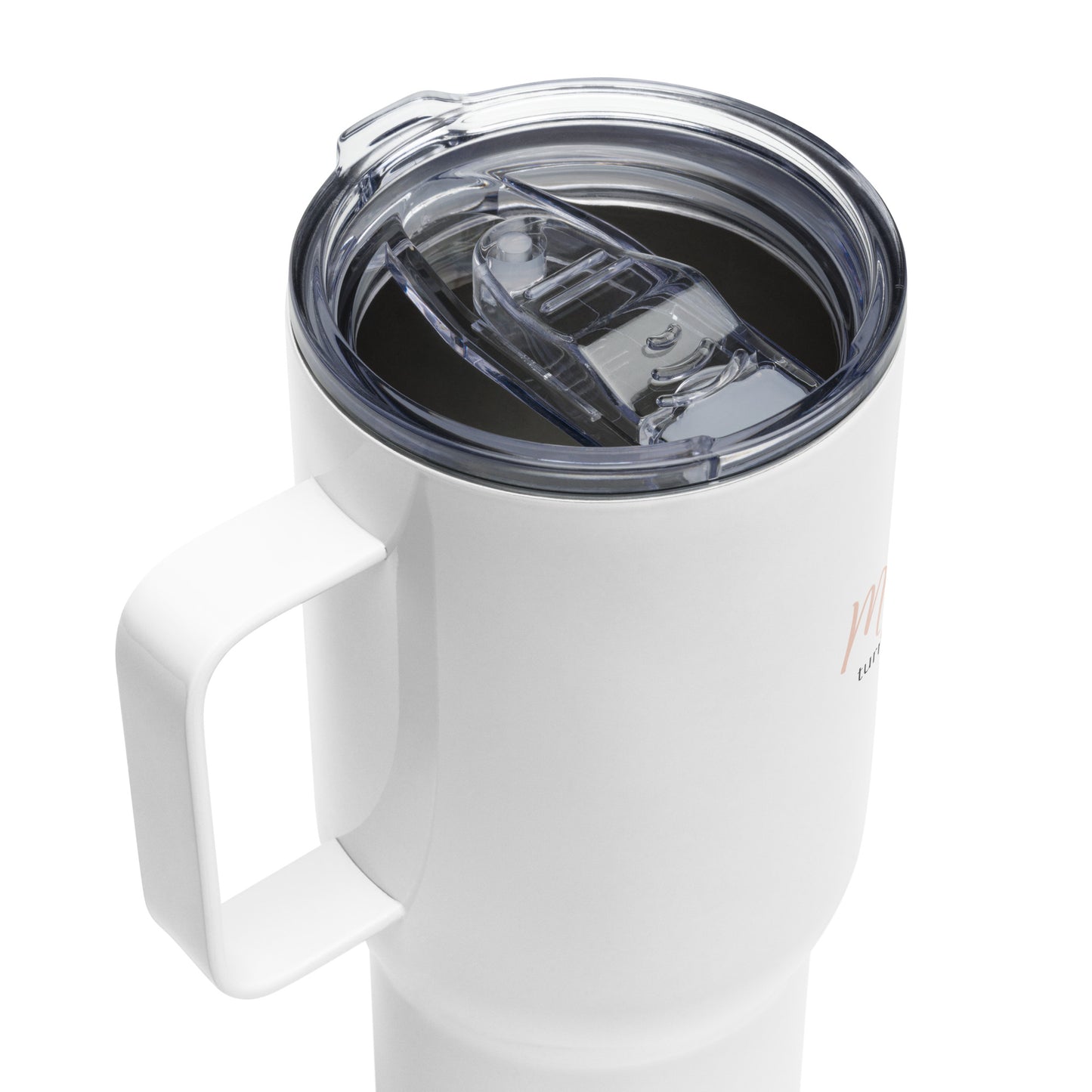 Travel mug with a handle with sign "My superpower? Turning chaos into perfect cuticles"