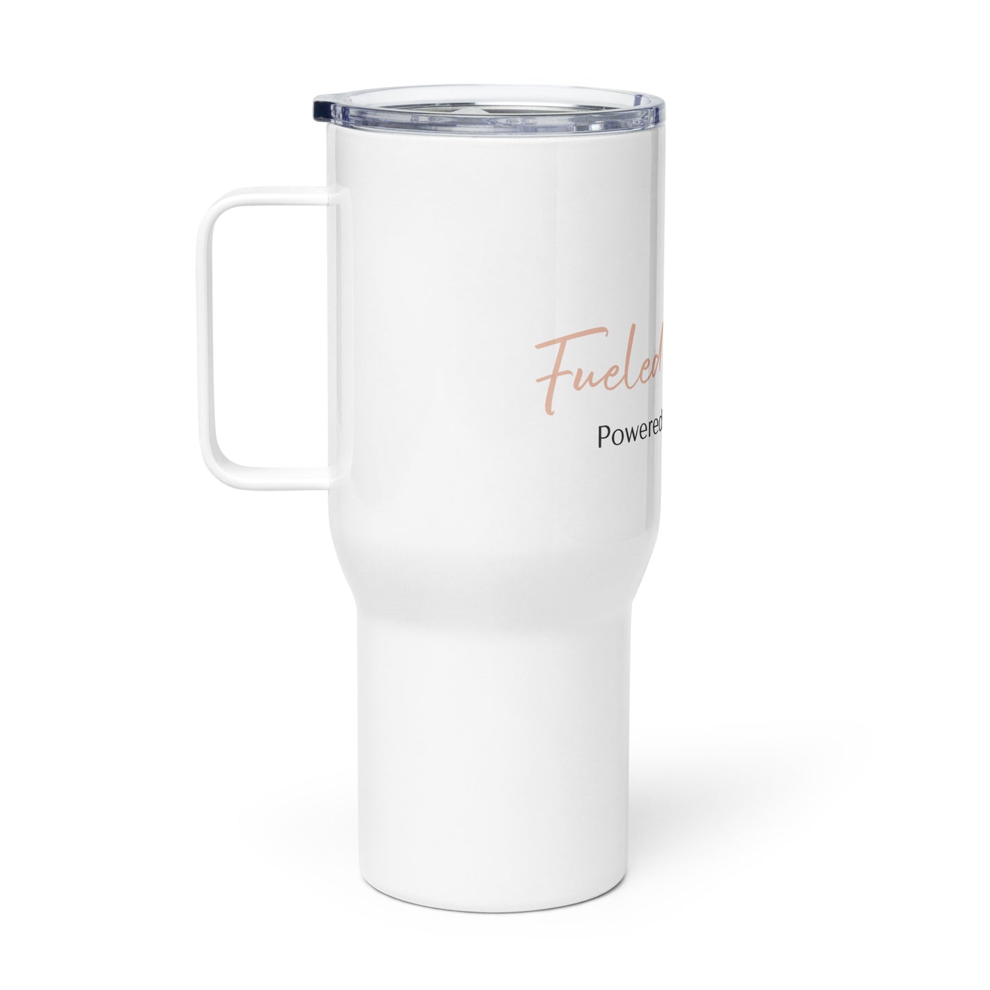 Travel mug with a handle with sign "Fueled with Coffee, Powered by Precision."