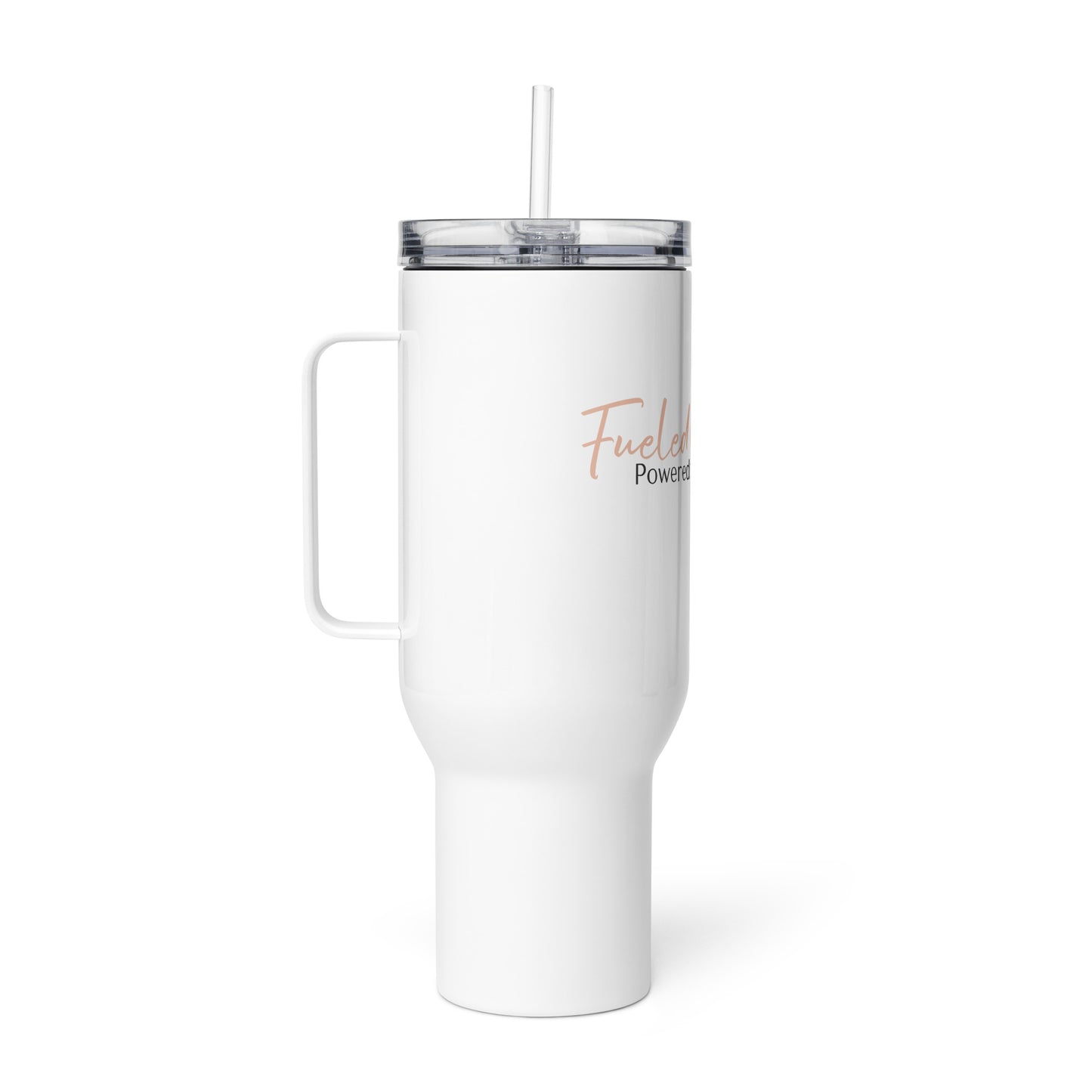 Travel mug with a handle with sign "Fueled with Coffee, Powered by Precision."