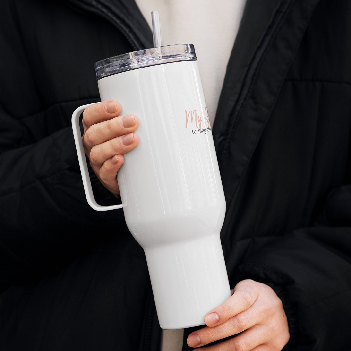 Travel mug with a handle with sign "My superpower? Turning chaos into perfect cuticles"