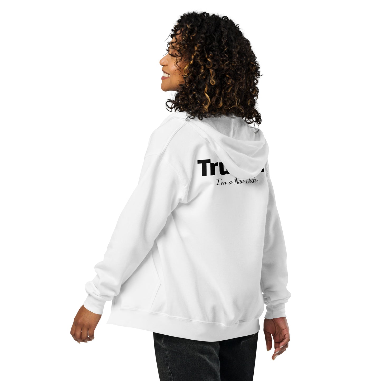 Unisex heavy blend zip hoodie with sign "Trust me, I'm a nail doctor."
